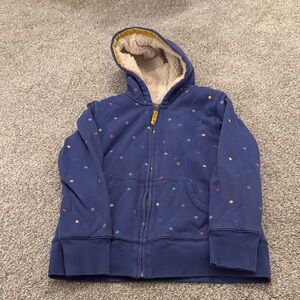Mini Boden Girls' sherpa-lined zip-up hoodie jacket colorful polka dots 11-12